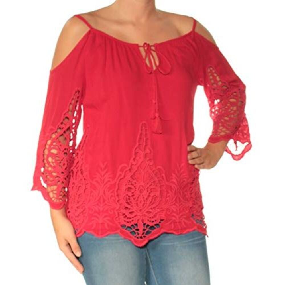INC International Concepts Cold Shoulder Peasant Top Red Real S